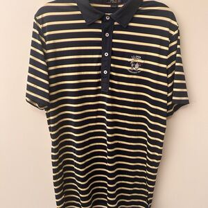 RLX Ralph Lauren Navy and Cream Striped Polo with US Open 2014 Pinehurst Logo